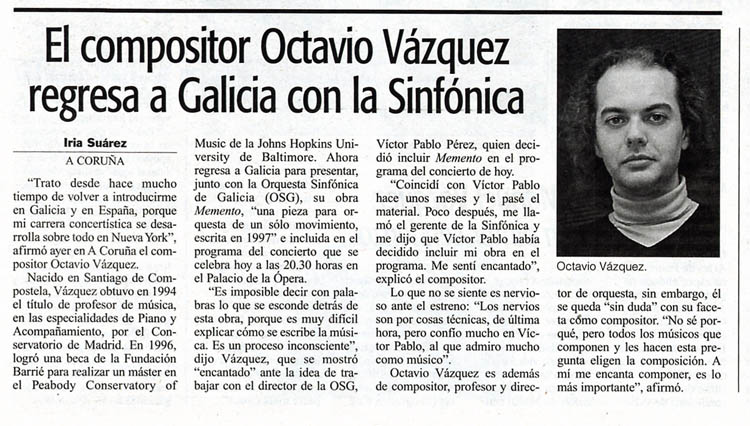La Opinión report on Octavio Vázquez returning to Galicia with the symphony orchestra